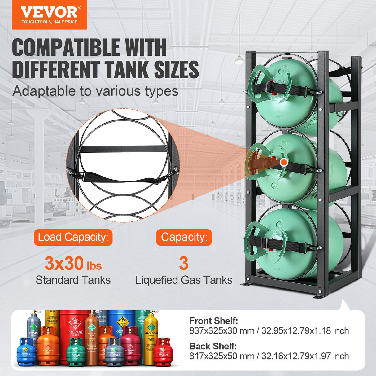 VEVOR Refrigerant Tank Rack, with 3 x 30lbs Bottle Tanks, Cylinder Tank Rack 12.79x12.99x33.07 in, Refrigerant Cylinder Rack Gas Cylinder Racks and