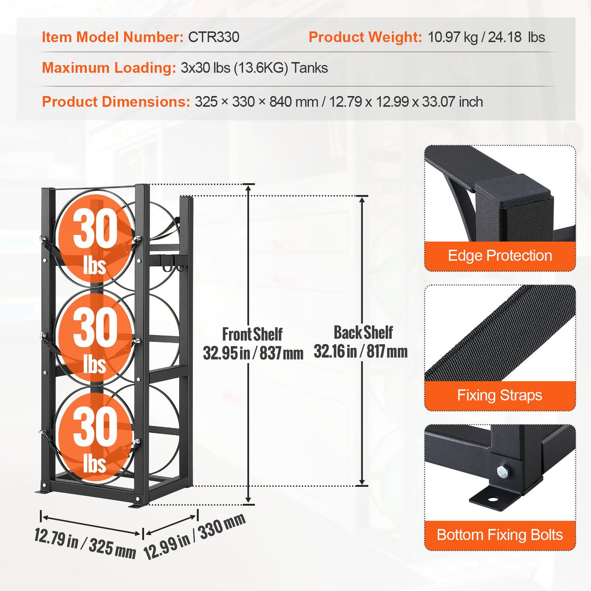VEVOR Refrigerant Tank Rack, with 3 x 30lbs Bottle Tanks, Cylinder Tank Rack 12.79x12.99x33.07 in, Refrigerant Cylinder Rack Gas Cylinder Racks and