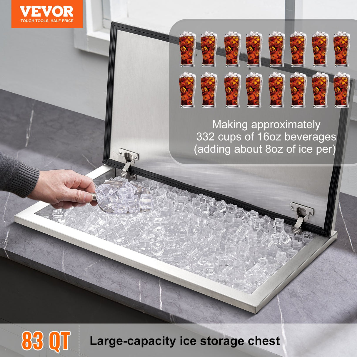 VEVOR Drop in Ice Chest, 24"L x 20"W x 15"H Stainless Steel Ice Cooler, Commercial Ice Bin with Hinged Cover, 40 qt Outdoor Kitchen Ice Bar, Drain-