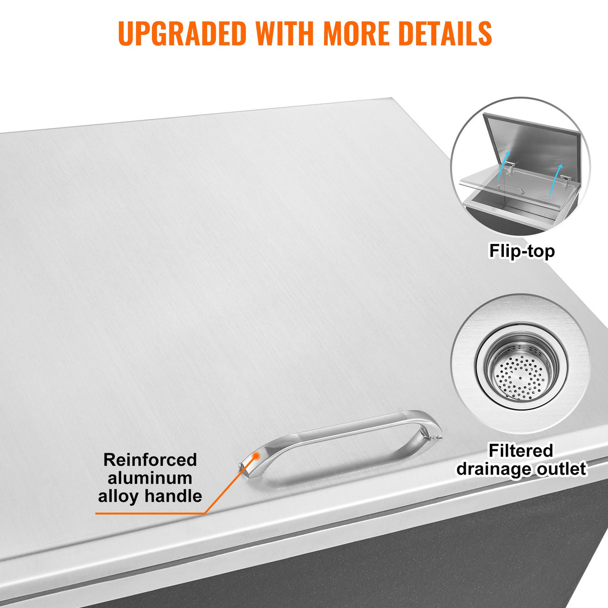 VEVOR Drop in Ice Chest, 20"L x 16"W x 13"H Stainless Steel Ice Cooler, Commercial Ice Bin with Hinged Cover, 40 qt Outdoor Kitchen Ice Bar, Drain-