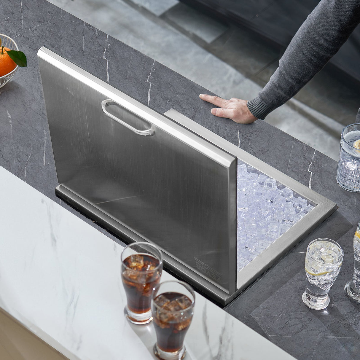 VEVOR Drop in Ice Chest, 20"L x 16"W x 13"H Stainless Steel Ice Cooler, Commercial Ice Bin with Hinged Cover, 40 qt Outdoor Kitchen Ice Bar, Drain-