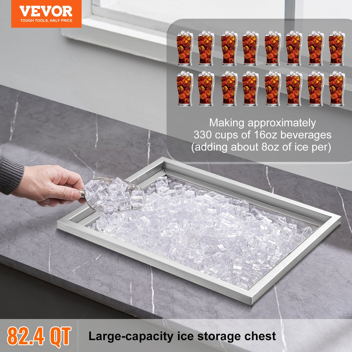 VEVOR Drop in Ice Chest, 21"L x 17"W x 18"H Stainless Steel Ice Cooler, Commercial Ice Bin with Cover, 40 qt Outdoor Kitchen Ice Bar, Drain-pipe and