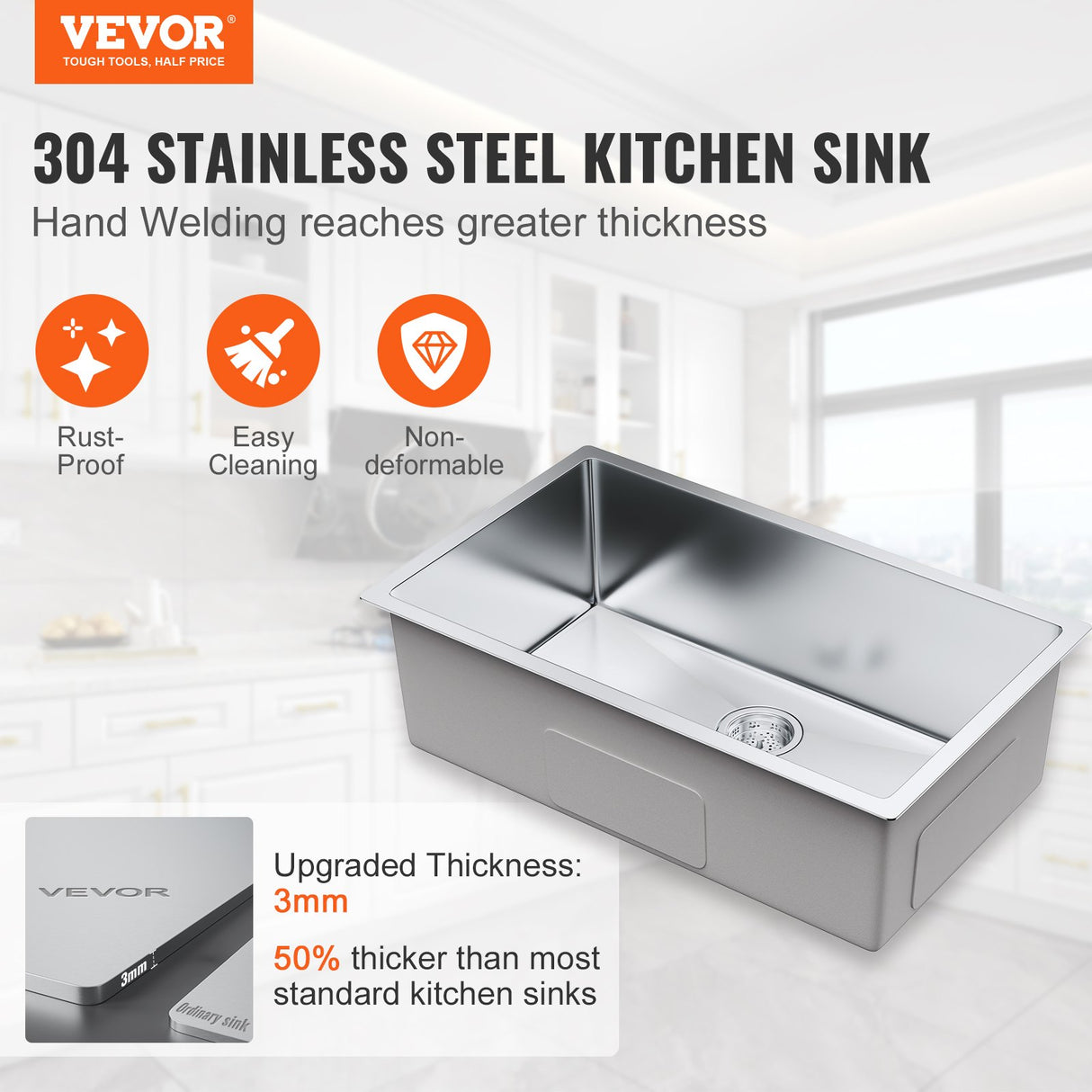 VEVOR Kitchen Sink, 304 Stainless Steel Drop-In Sinks, Undermount Single Bowl Basin with Accessories(Pack of 3), Household Dishwasher Sinks for Workstation, RV, Prep Kitchen, and Bar Sink, 30 inch"