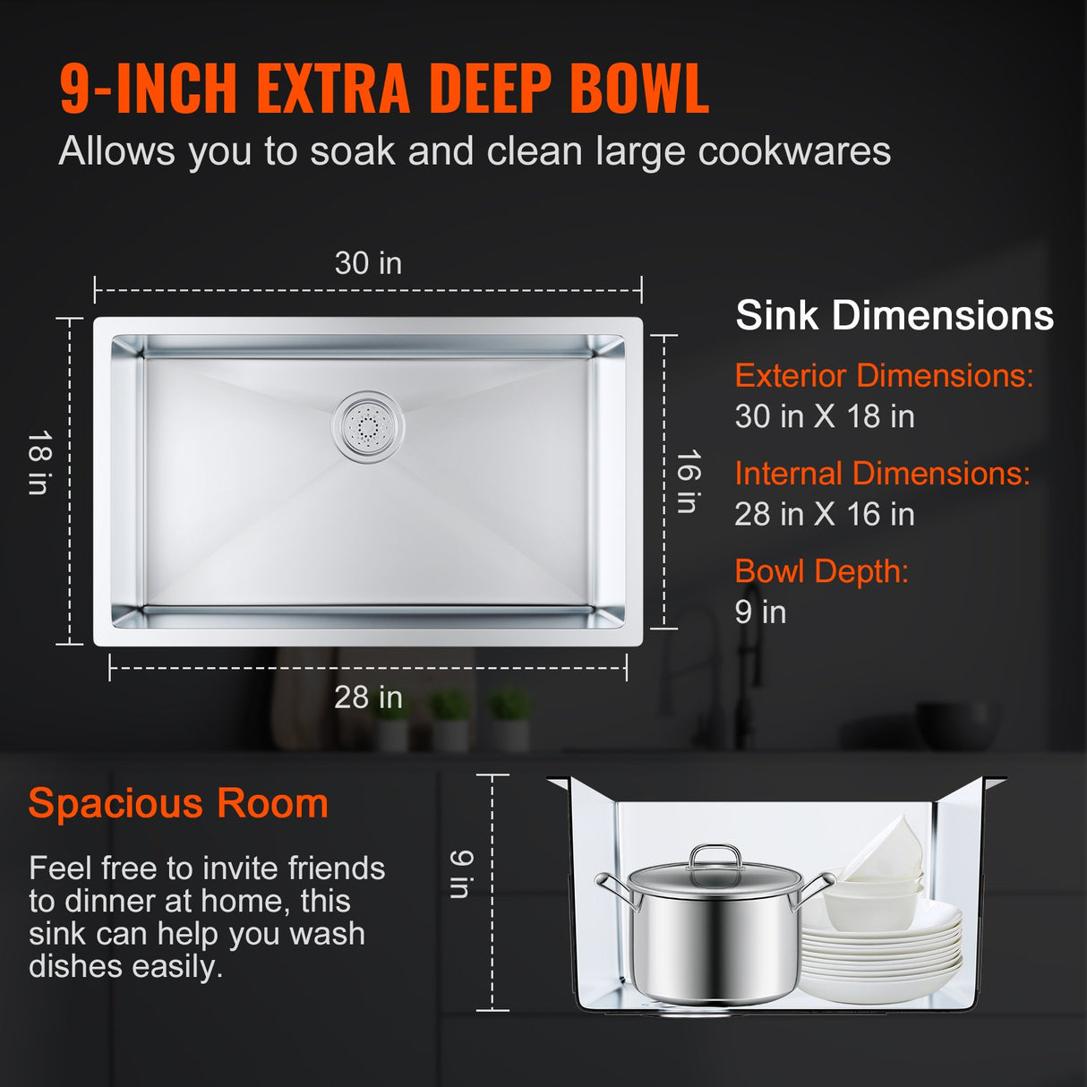 VEVOR Kitchen Sink, 304 Stainless Steel Drop-In Sinks, Undermount Single Bowl Basin with Accessories(Pack of 3), Household Dishwasher Sinks for