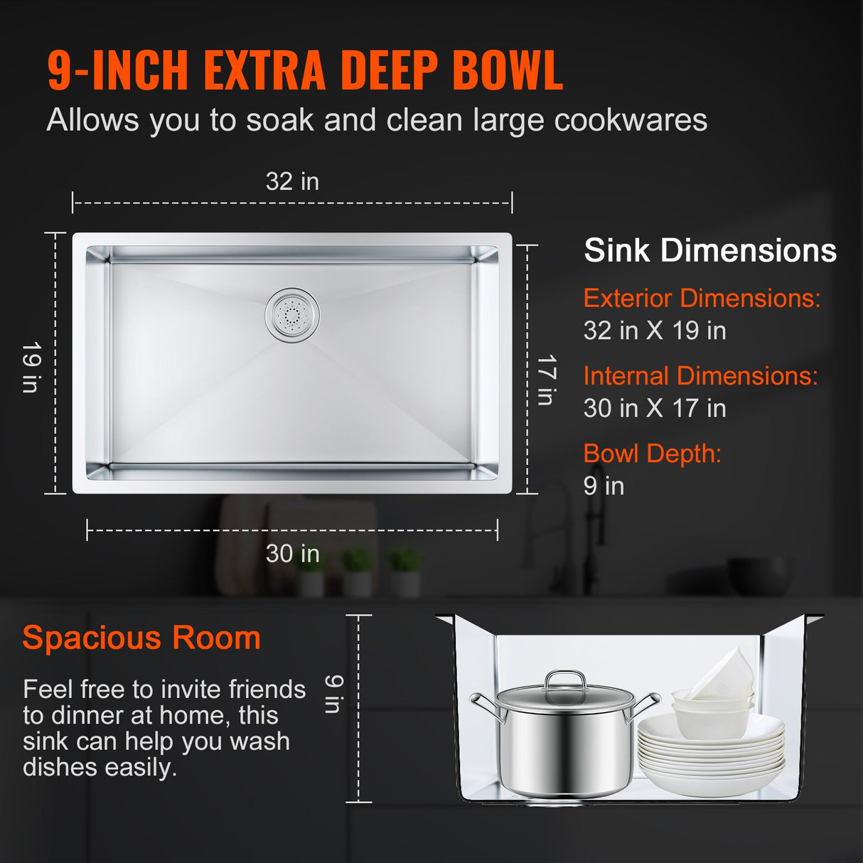 VEVOR Kitchen Sink, 304 Stainless Steel Drop-In Sinks, Undermount Single Bowl Basin with Accessories(Pack of 3), Household Dishwasher Sinks for