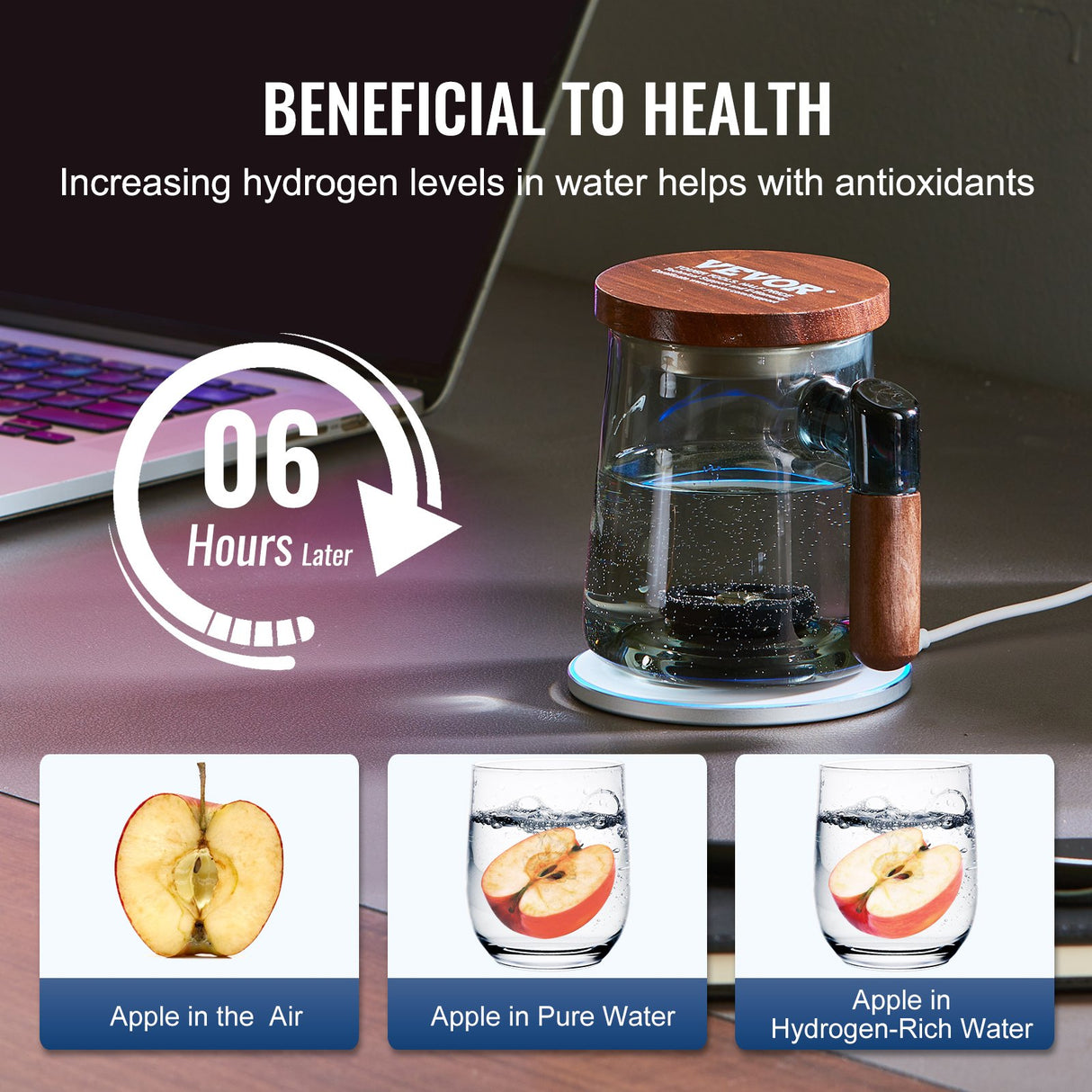 VEVOR Hydrogen Water Cup, 400 ml / 14.1 oz Hydrogen Generator, SPE Technology Portable Hydrogen Water Ionizer Machine with Wireless Charging Base,