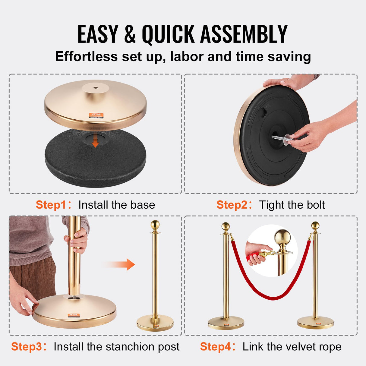 VEVOR Stanchion Post with Velvet Rope, 4-Pack Crowd Control Stanchion with 3PCS 5FT Red Velvet Ropes, Stainless Steel Queue Barrier Line Divider with