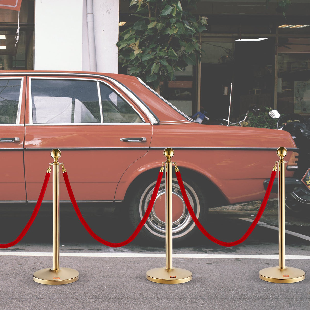 VEVOR Stanchion Post with Velvet Rope, 4-Pack Crowd Control Stanchion with 3PCS 5FT Red Velvet Ropes, Stainless Steel Queue Barrier Line Divider with