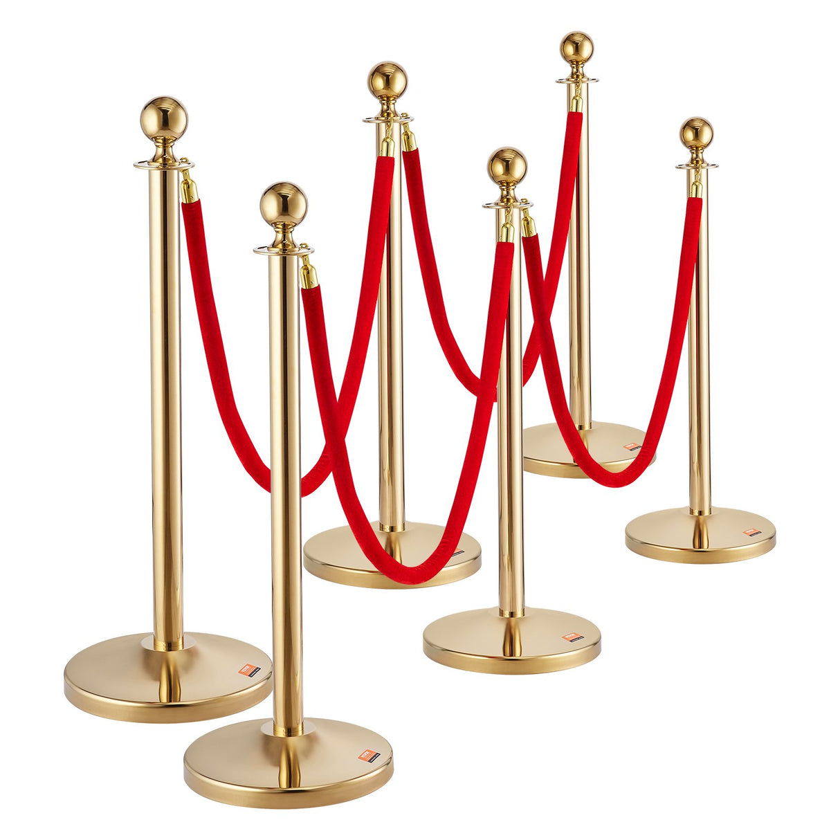 VEVOR Stanchion Post with Velvet Rope, 6-Pack Crowd Control Stanchion with 4PCS 5FT Red Velvet Ropes, Stainless Steel Queue Barrier Line Divider with