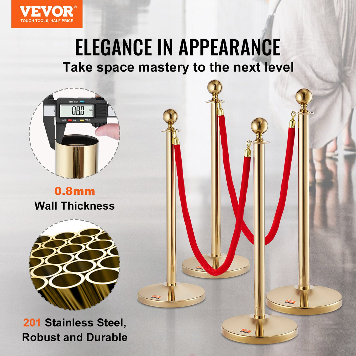 VEVOR Stanchion Post with Velvet Rope, 6-Pack Crowd Control Stanchion with 4PCS 5FT Red Velvet Ropes, Stainless Steel Queue Barrier Line Divider with