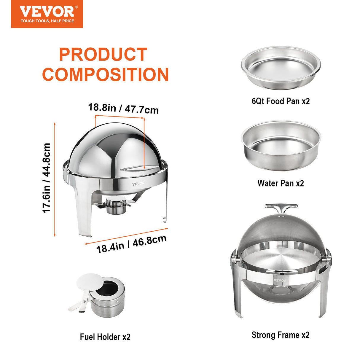 Roll Top Chafing Dish Buffet Set, 5.5L 2 Pack, Stainless Steel Chafer with 2 Full Size Pans, Round Catering Warmer Server with Lid Water Pan Stand Fuel Holder, for at Least 5 People Each