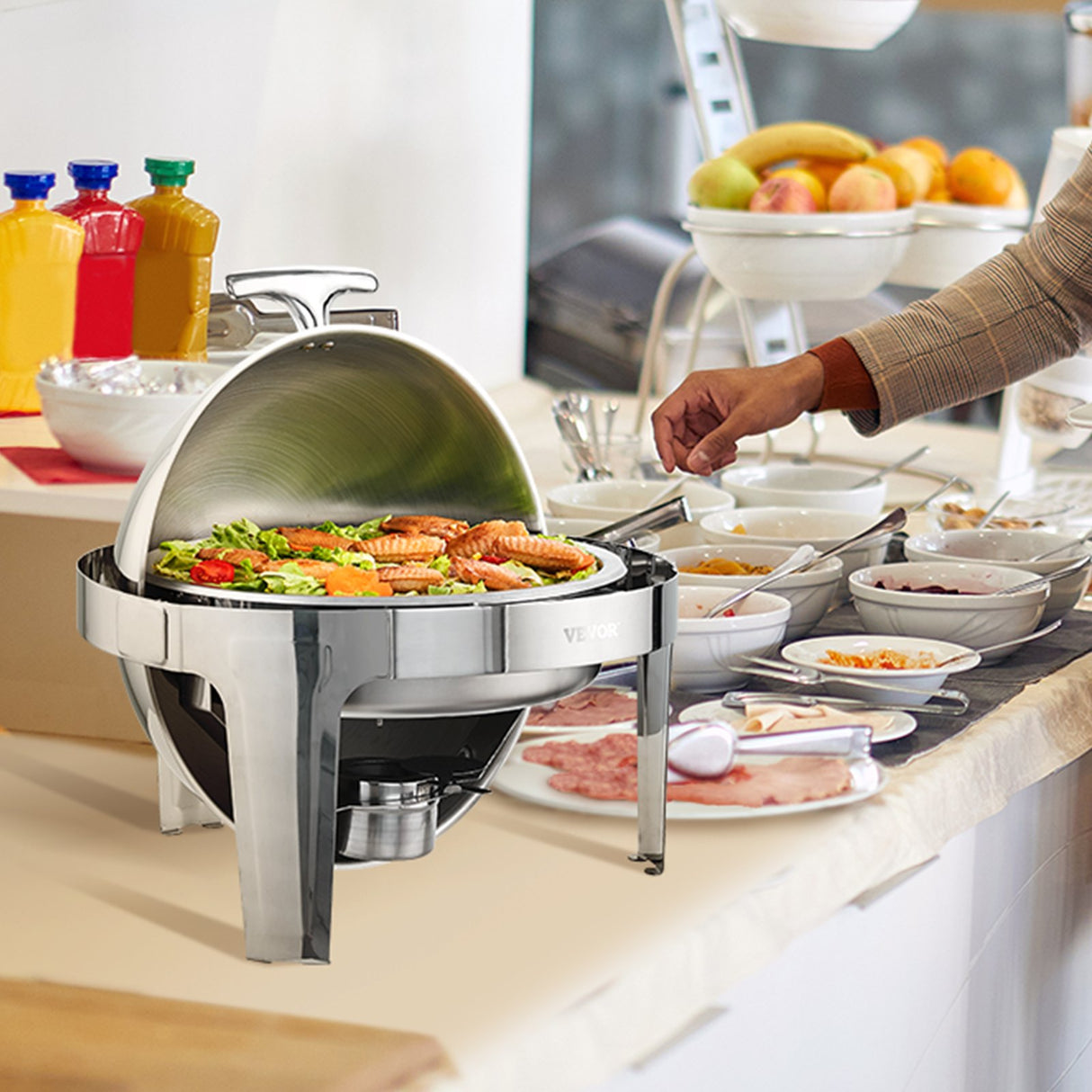 Roll Top Chafing Dish Buffet Set, 5.5L 2 Pack, Stainless Steel Chafer with 2 Full Size Pans, Round Catering Warmer Server with Lid Water Pan Stand Fuel Holder, for at Least 5 People Each