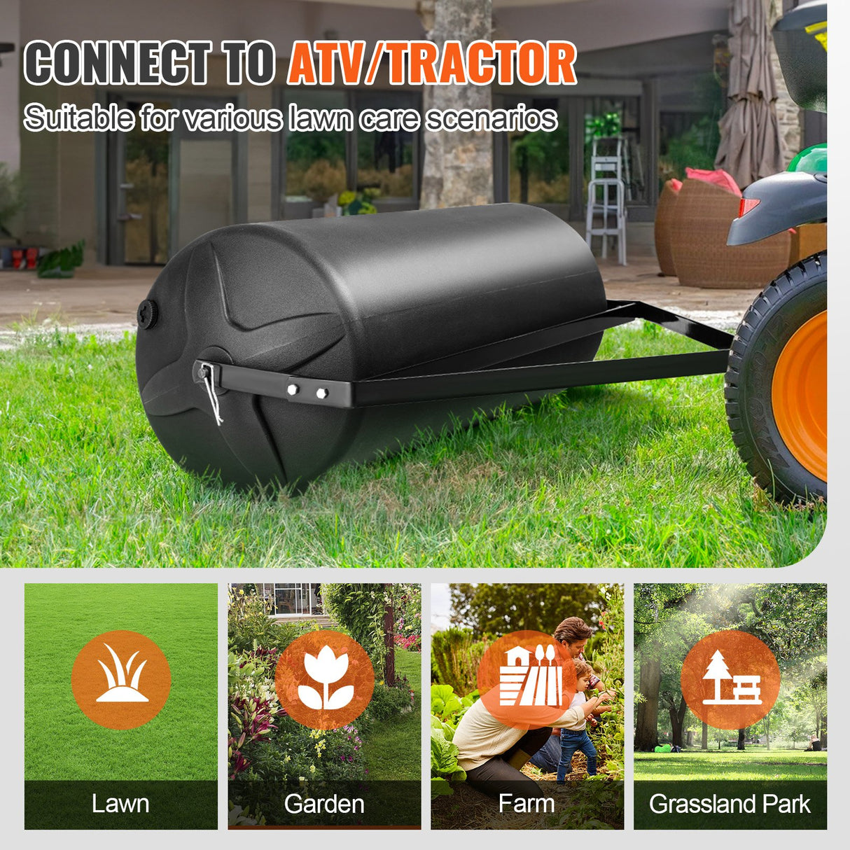 VEVOR Tow Behind Lawn Roller, 400lbs Sand/Water Filled Yard Roller, LLDPE Drum and Steel Frame Sod Roller with Easy-turn Plug, Tow Behind a Tractor or ATV for Lawn, Garden, Farm, Park, Black