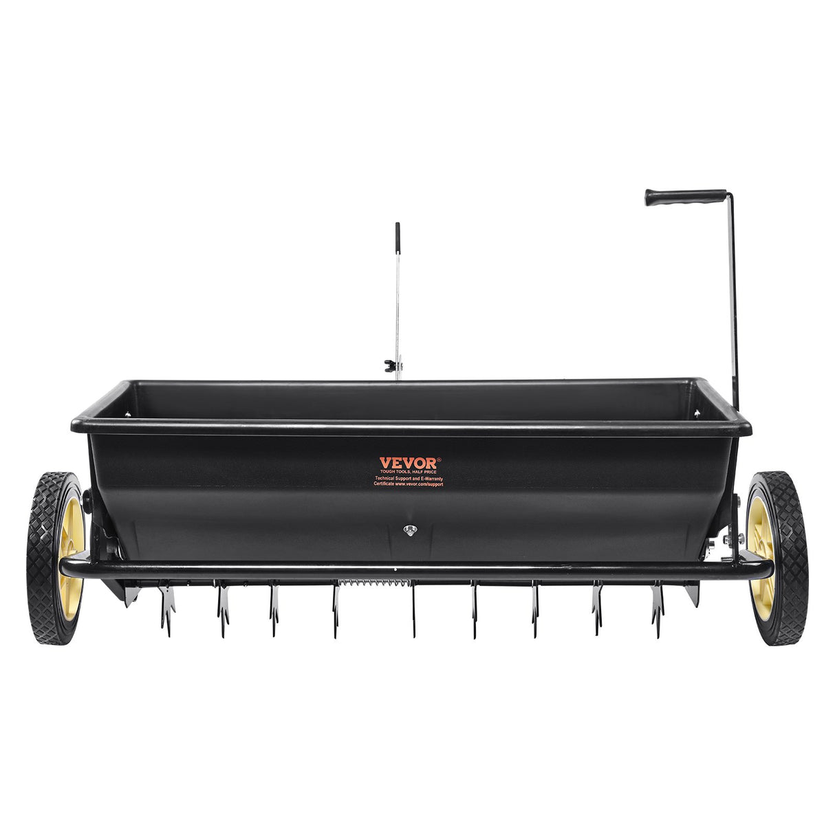 VEVOR Broadcast Spreader, 100 LB Tow Behind Poly Drop Spreader with 10" Wheels, Steel Spike Aerator, Fertilizer Spreader, Garden Seeder, and Salt Spreader, for Residential, Farm, Tough Terrain, Black