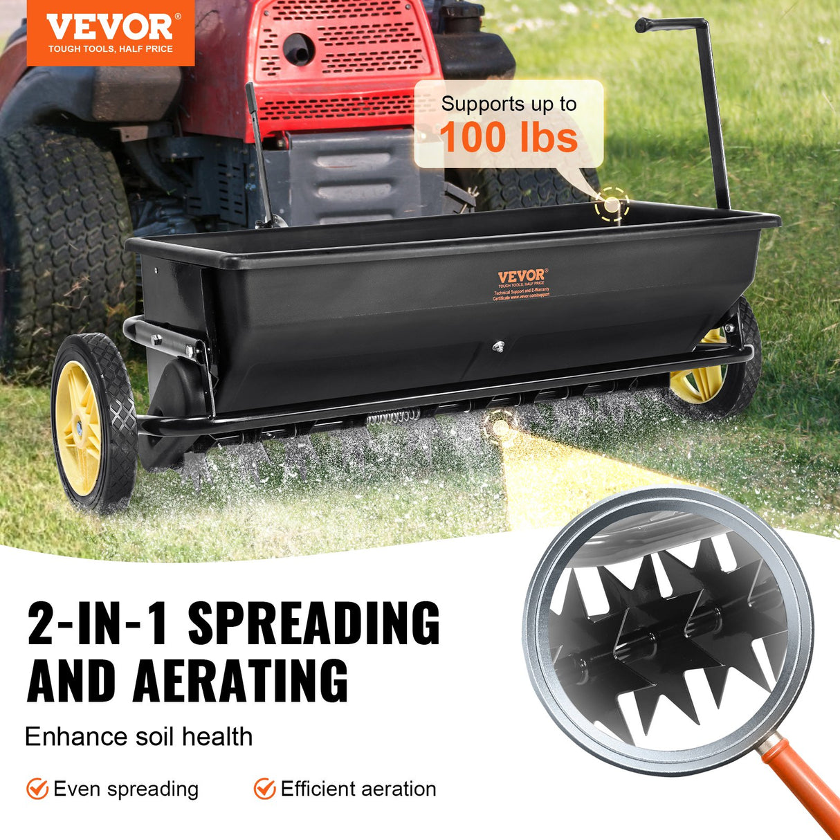 VEVOR Broadcast Spreader, 100 LB Tow Behind Poly Drop Spreader with 10" Wheels, Steel Spike Aerator, Fertilizer Spreader, Garden Seeder, and Salt