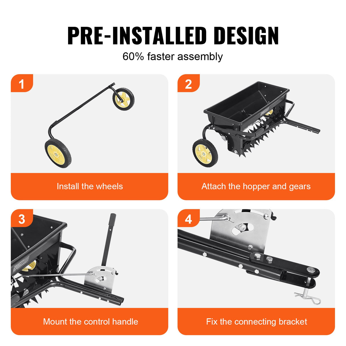 VEVOR Broadcast Spreader, 100 LB Tow Behind Poly Drop Spreader with 10" Wheels, Steel Spike Aerator, Fertilizer Spreader, Garden Seeder, and Salt Spreader, for Residential, Farm, Tough Terrain, Black