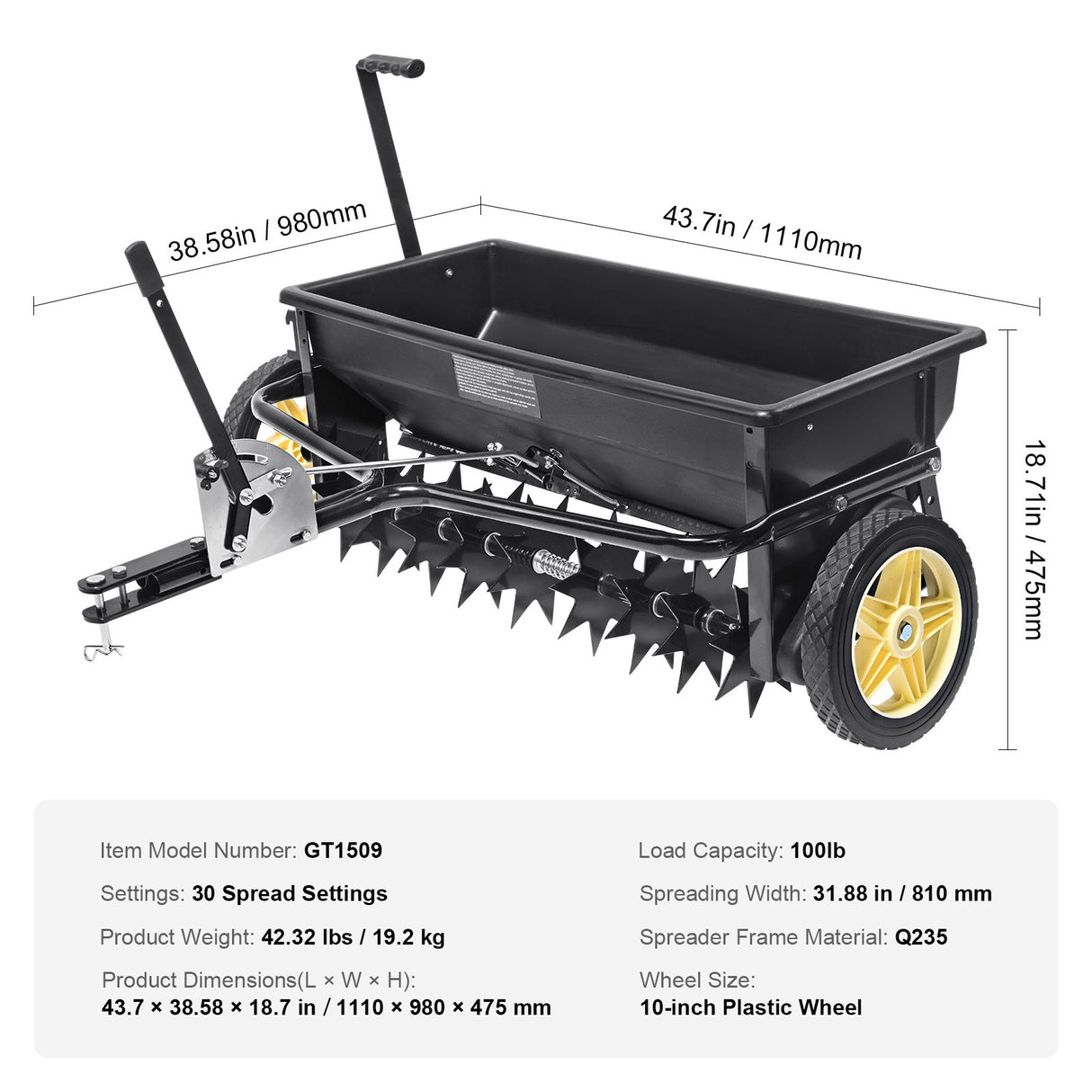 VEVOR Broadcast Spreader, 100 LB Tow Behind Poly Drop Spreader with 10" Wheels, Steel Spike Aerator, Fertilizer Spreader, Garden Seeder, and Salt Spreader, for Residential, Farm, Tough Terrain, Black