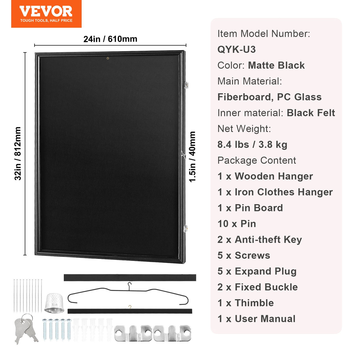 VEVOR Jersey Display Frame Case, 610 x 812 x 40 mm, Large Lockable Sport Jersey Shadow Box with 98% UV Protection PC Glass and Hangers, for Baseball