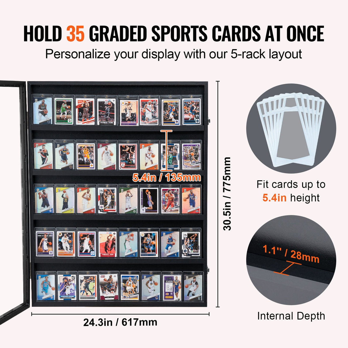 VEVOR 35 Graded Sports Card Display Case, 617 x 775 x 55 mm, Baseball Card Display Frame with 98% UV Protection Clear View PC Glass, Lockable Wall