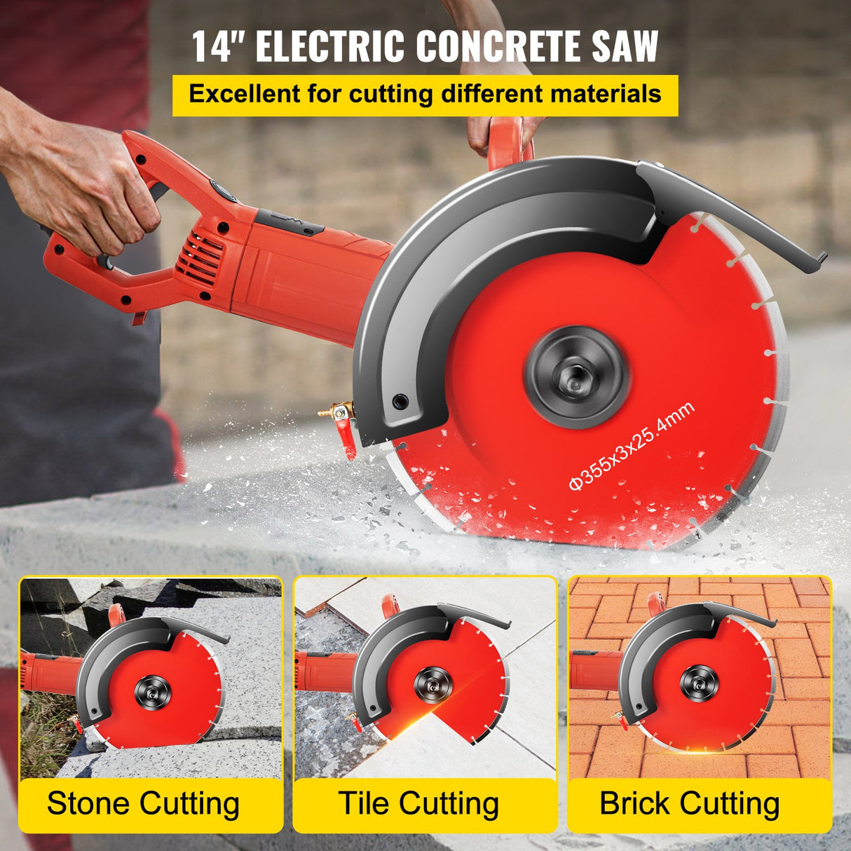 VEVOR Electric Concrete Saw, 14" Concrete Cutter, 1800W Concrete Saw, Electric Circular Saw with 14" Blade and Tools, Masonry Saw for Granite, Brick,