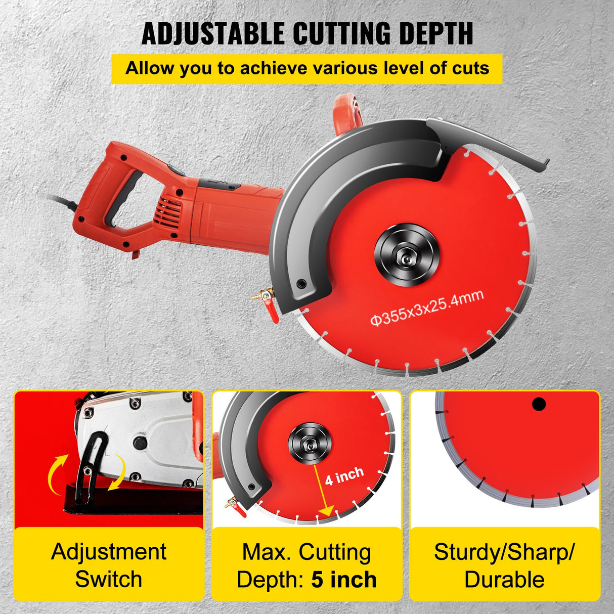 VEVOR Electric Concrete Saw, 14" Concrete Cutter, 1800W Concrete Saw, Electric Circular Saw with 14" Blade and Tools, Masonry Saw for Granite, Brick,