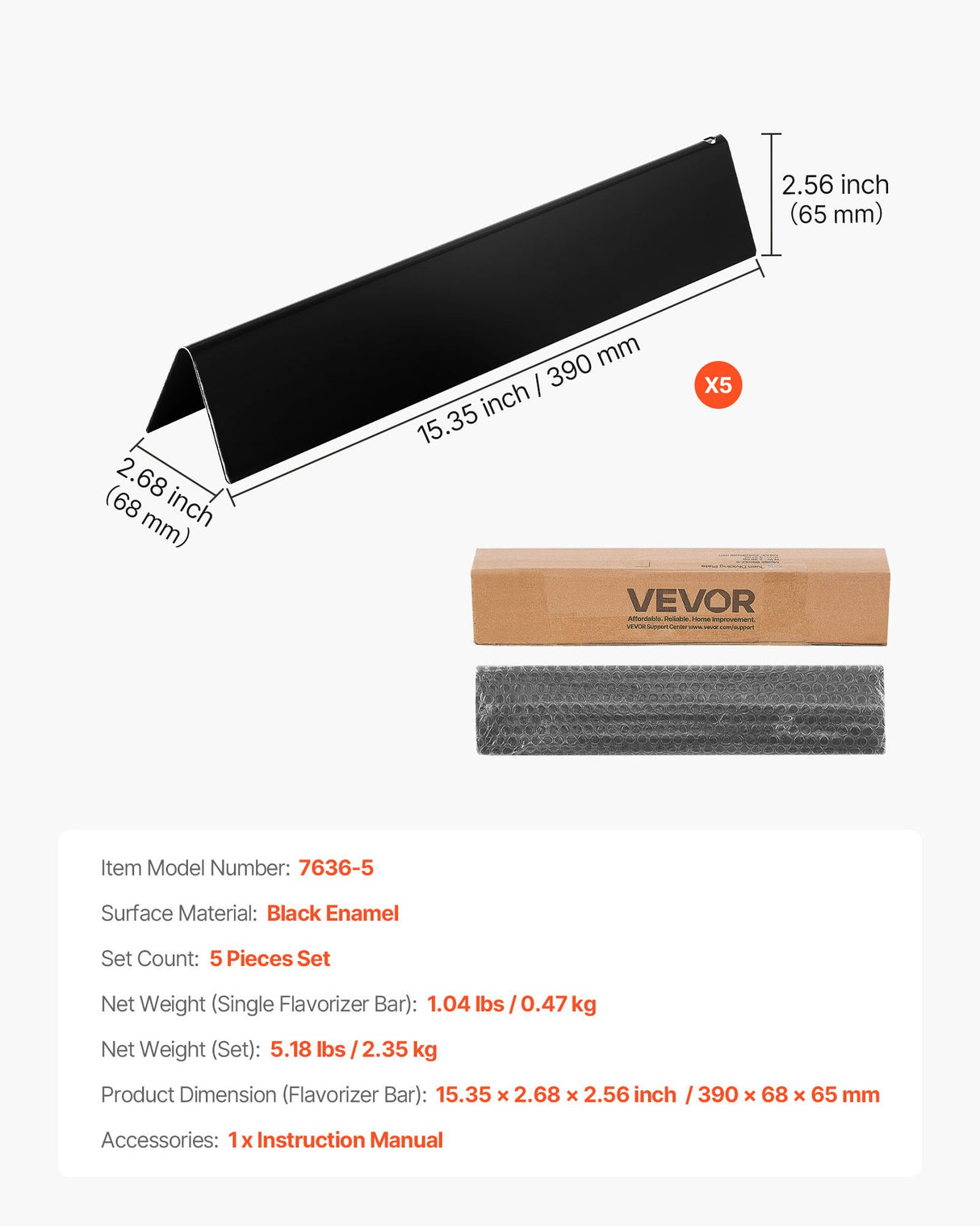 Flavorizer Bars, 39cm Grill Replacement Part, for Weber Spirit I & II 300 Series Grills, Including Spirit E-310, ll S-310, ll E-320, Porcelain-enameled Steel Thicker Heat Plate, 5 Pack