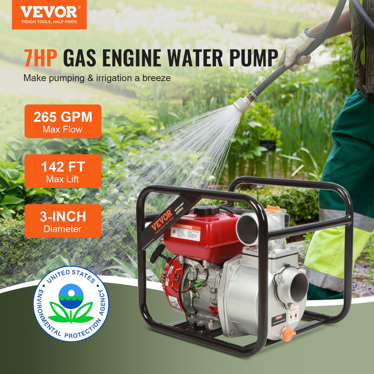Gasoline Engine Water Pump, 80 mm, 7HP 265 GPM, 43 m Lift, 7 m Suction, 4-Stroke Gas Powered Trash Water Transfer Pump Portable High Pressure with 25ft Hose for Irrigation Pool, EPA Certified
