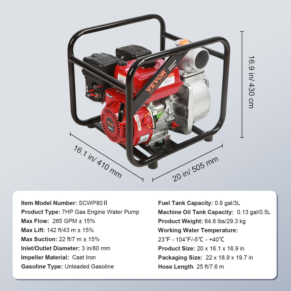 Gasoline Engine Water Pump, 80 mm, 7HP 265 GPM, 43 m Lift, 7 m Suction, 4-Stroke Gas Powered Trash Water Transfer Pump Portable High Pressure with 25ft Hose for Irrigation Pool, EPA Certified