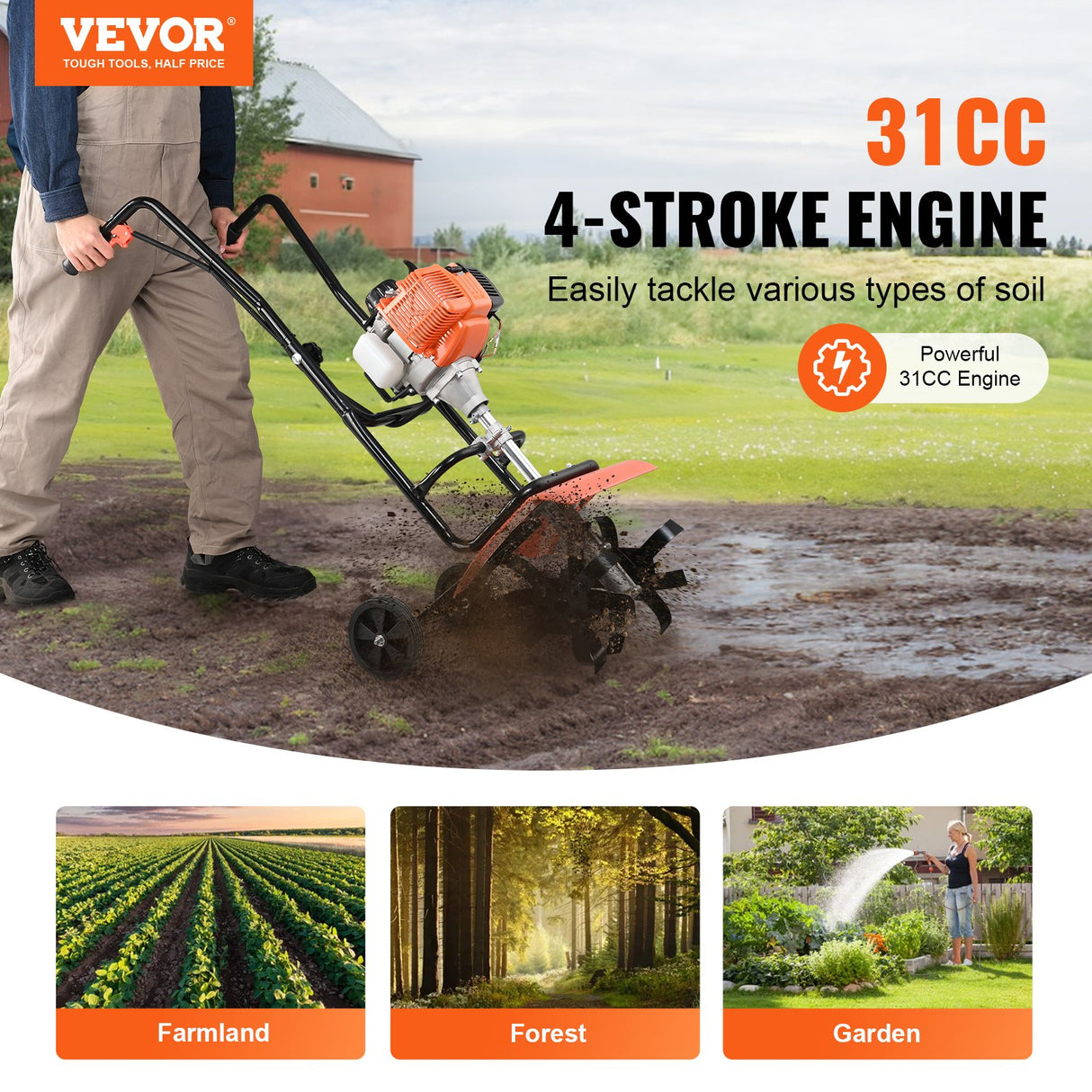 VEVOR Tiller Cultivator Gas Powered, 38CC 4-Stroke Garden Cultivator, Tiller with 4 Steel Adjustable Front Tines for Lawn, Garden and Field Soil