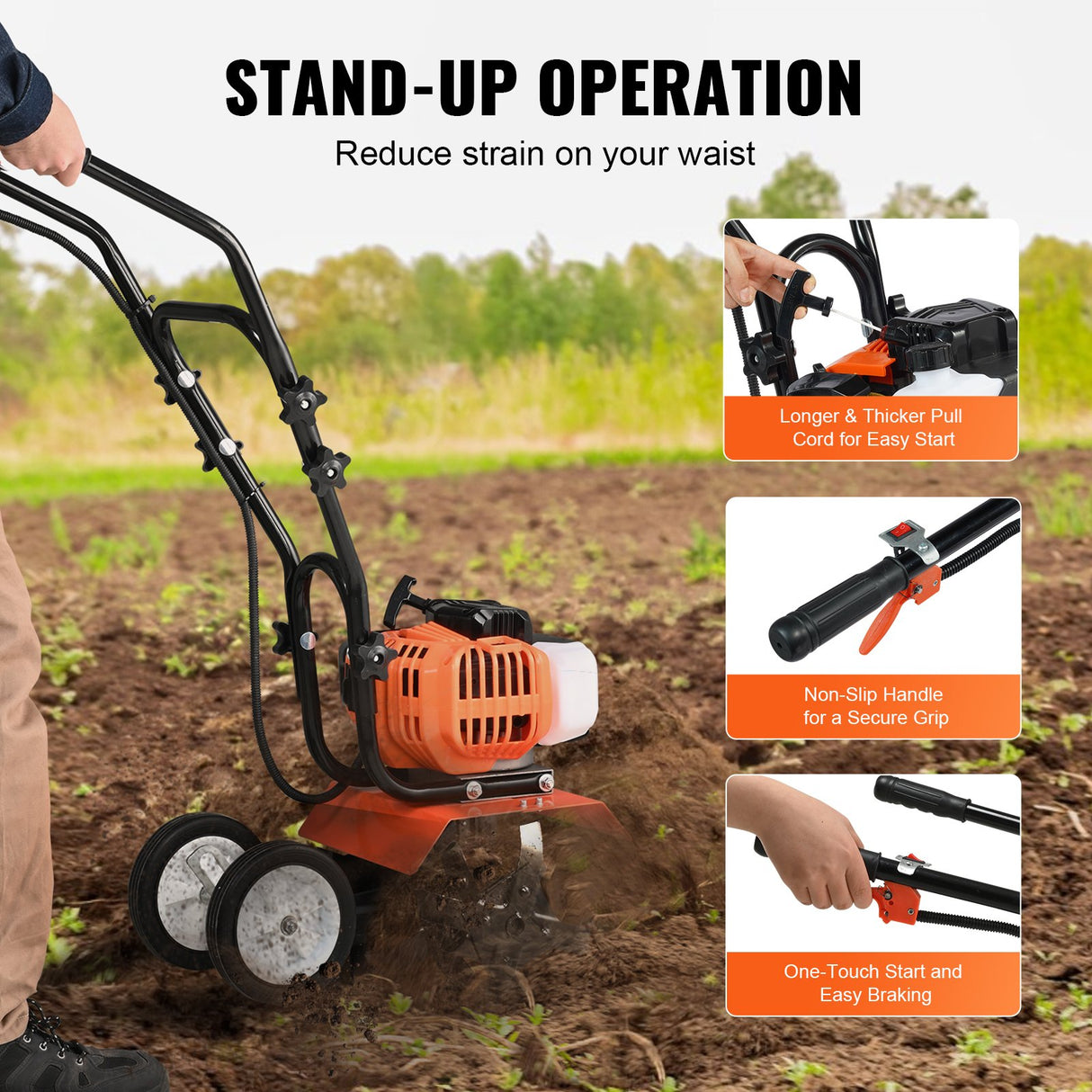VEVOR Tiller Cultivator Gas Powered, 43CC 2-Stroke Garden Cultivator, Tiller with 4 Steel Adjustable Front Tines for Lawn, Garden and Field Soil