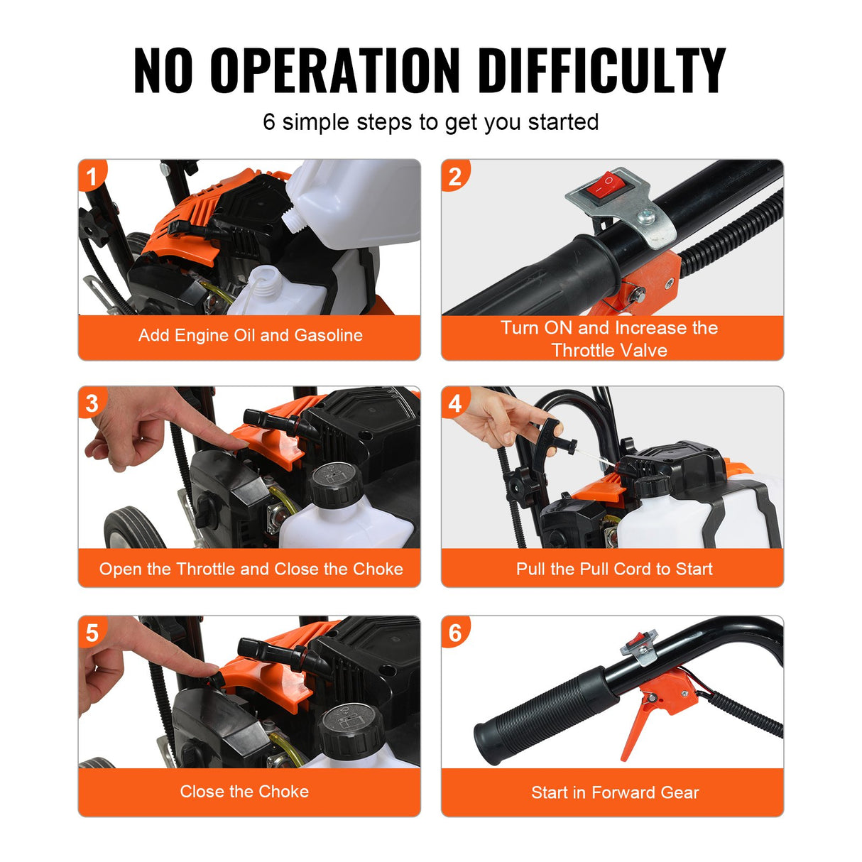VEVOR Tiller Cultivator Gas Powered, 43CC 2-Stroke Garden Cultivator, Tiller with 4 Steel Adjustable Front Tines for Lawn, Garden and Field Soil