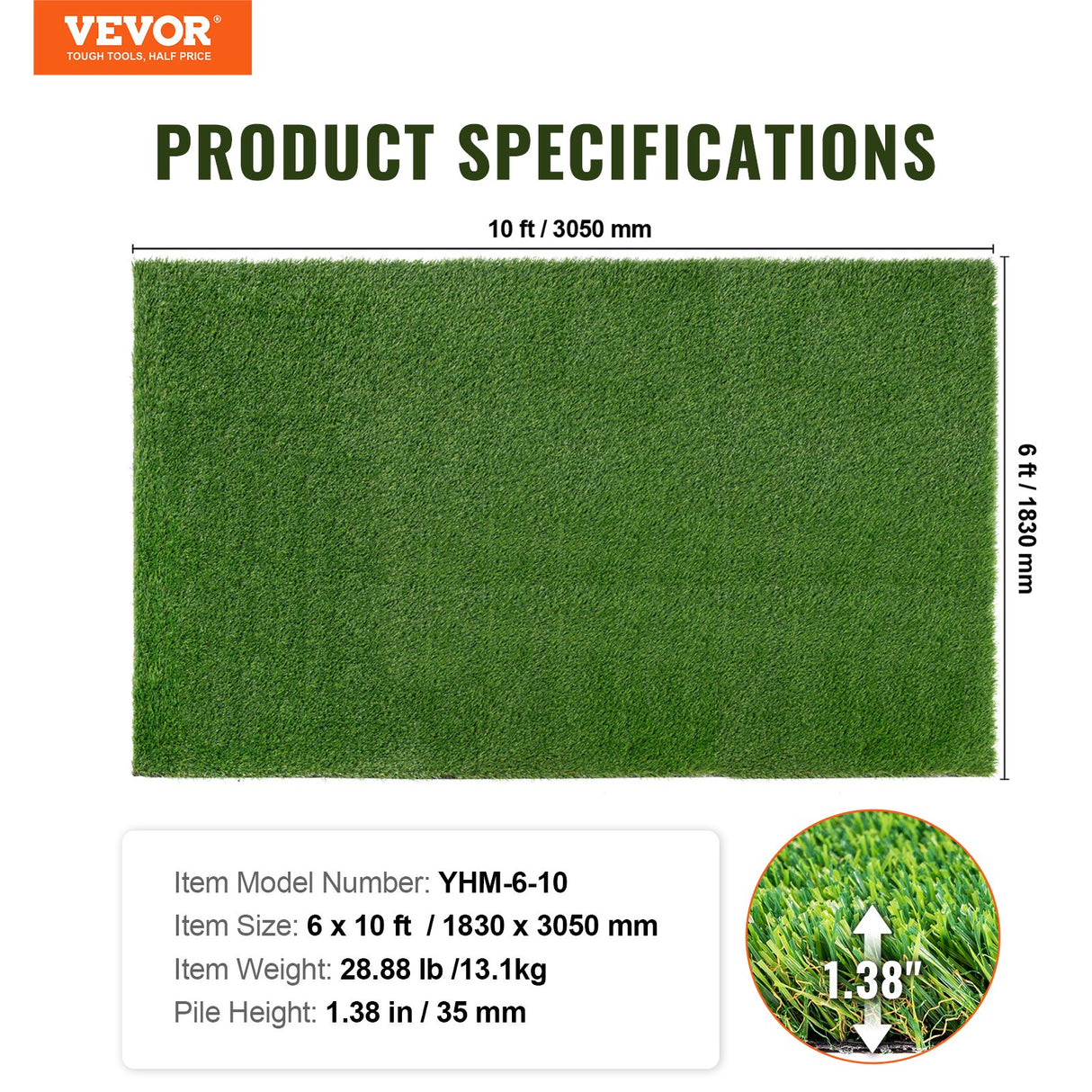 VEVOR Artifical Grass, 6 x 10 ft Rug Green Turf, 1.38"Fake Door Mat Outdoor Patio Lawn Decoration, Easy to Clean with Drainage Holes, Perfect For