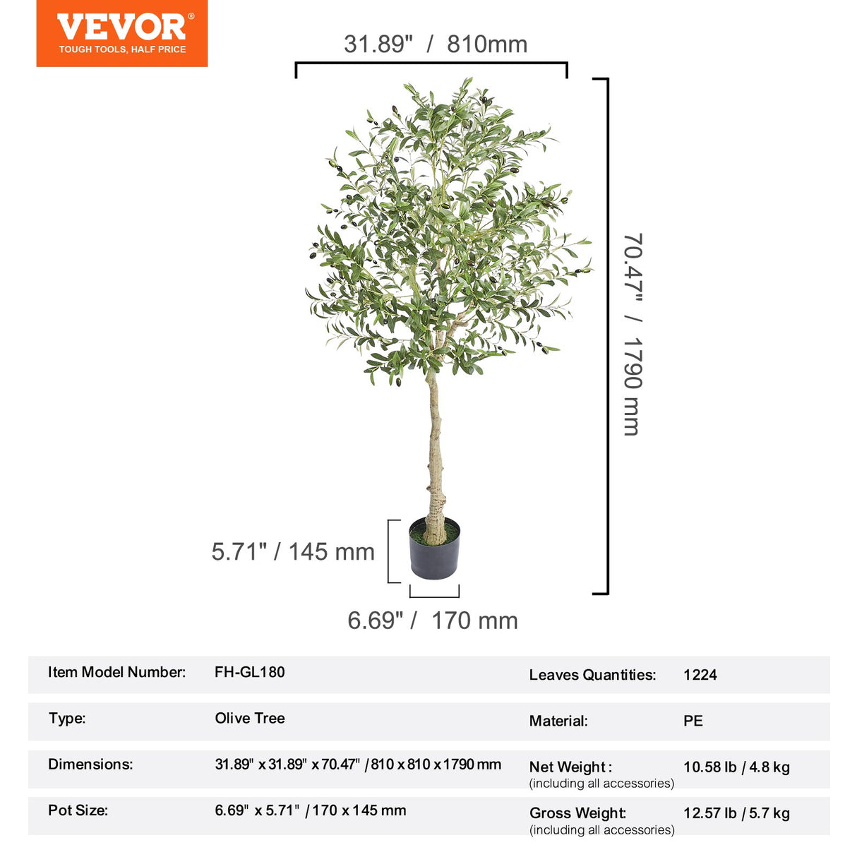 VEVOR Artificial Olive Tree, 15.2cm Tall Faux Plant, Secure PE Material & Anti-Tip Tilt Protection Low-Maintenance Plant, Lifelike Green Fake Potted Tree for Home Office Warehouse Decor Indoor Outdoor