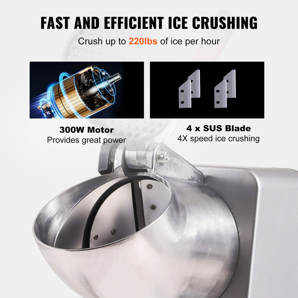 VEVOR Ice Crushers Machine, 220lbs Per Hour Electric Snow Cone Maker with 4 Blades, 300W Electric Ice Crusher with Cover and Bowl for Home and