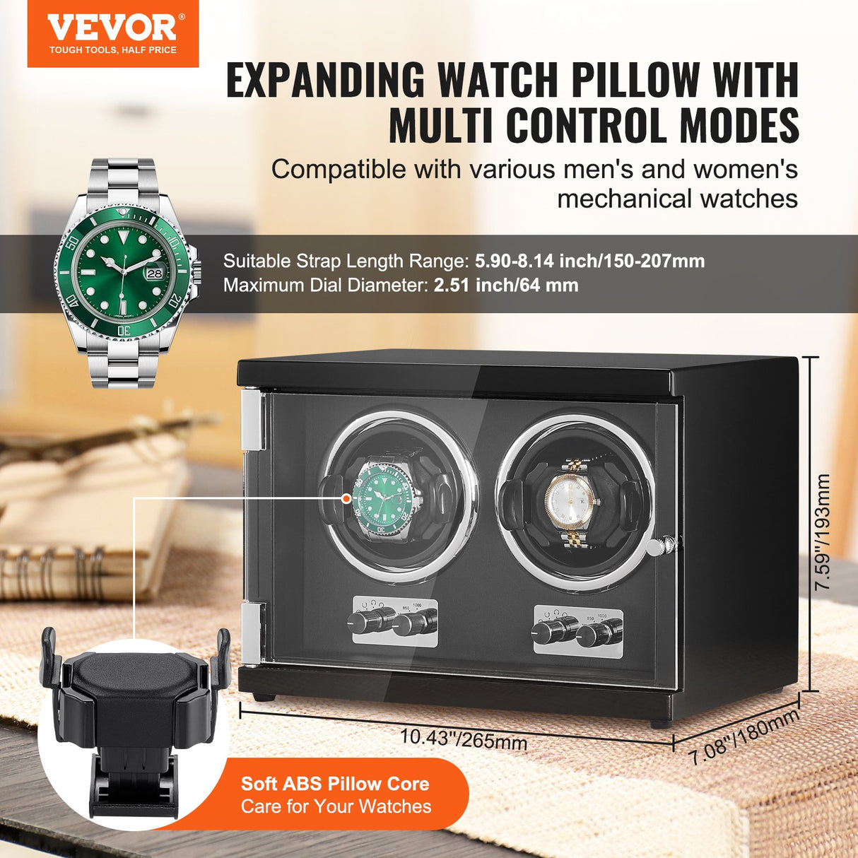 VEVOR Watch Winder, Dual Watch Winder for Men's and Women's Automatic Watch, with 2 Super Quiet Japanese Mabuchi Motors, Blue LED Light and Adapter,