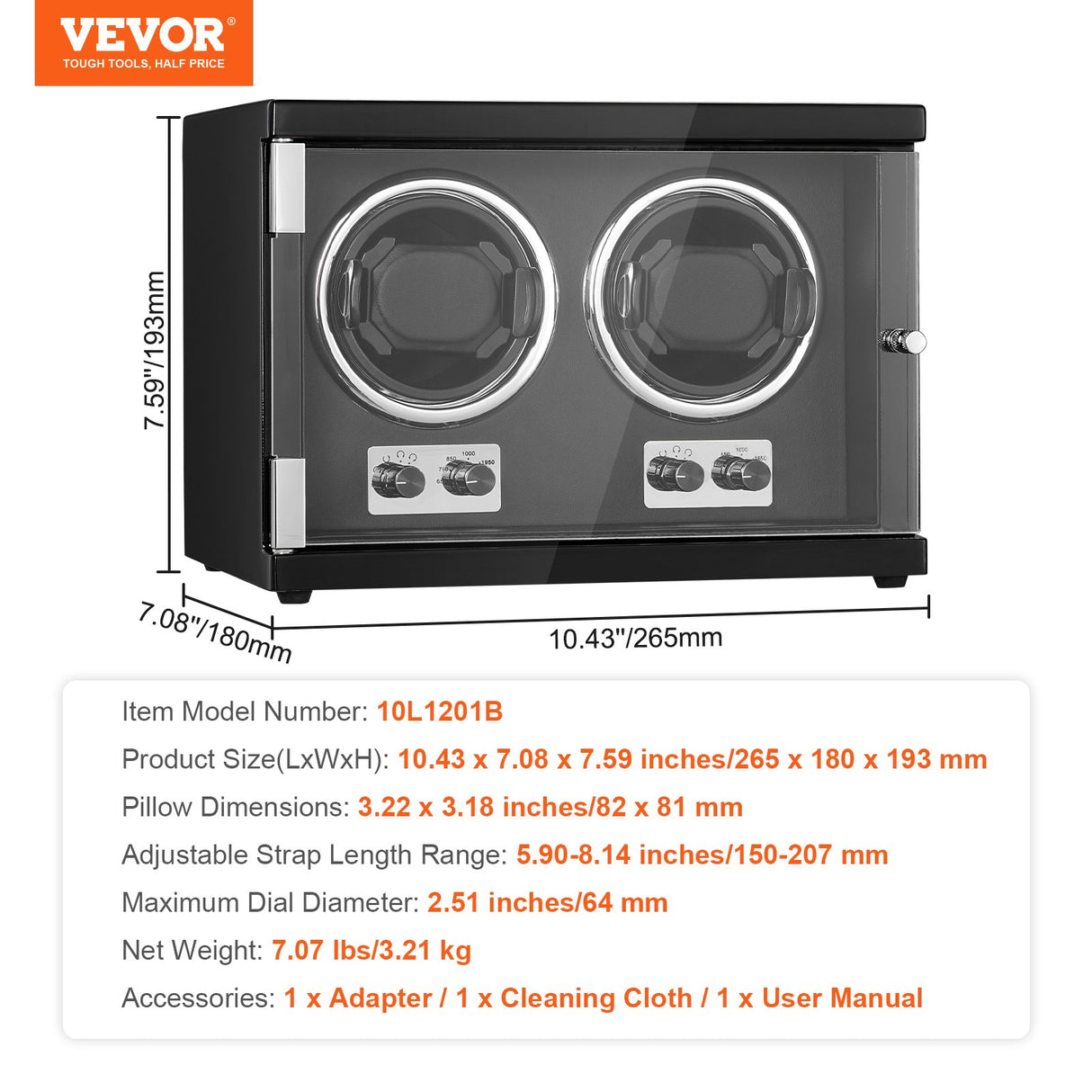 VEVOR Watch Winder, Dual Watch Winder for Men's and Women's Automatic Watch, with 2 Super Quiet Japanese Mabuchi Motors, Blue LED Light and Adapter,