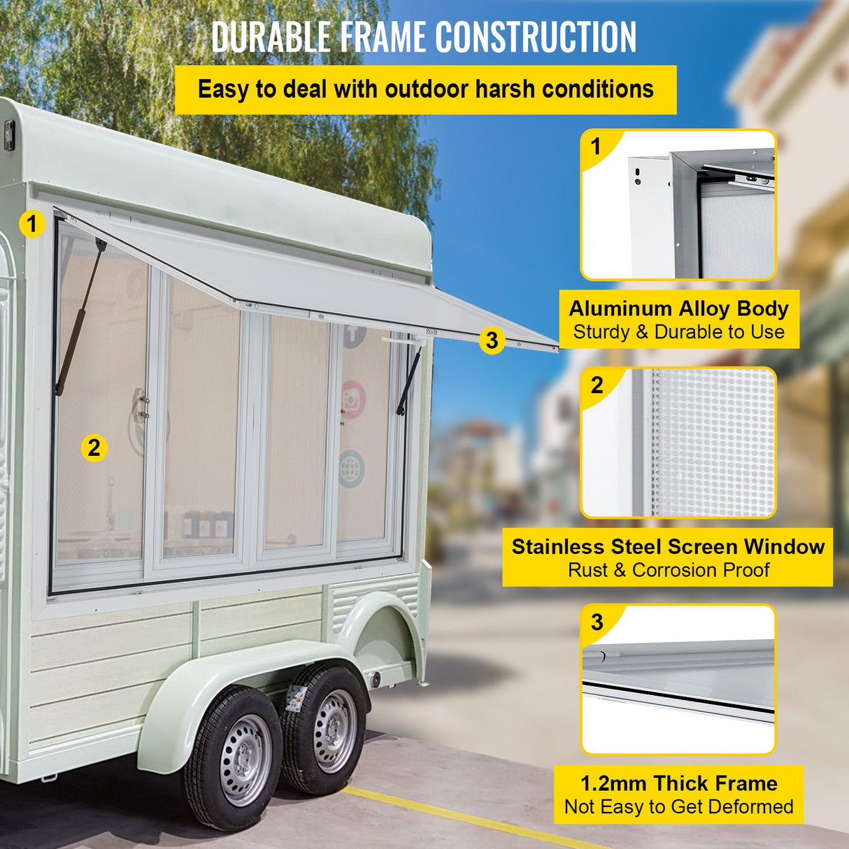 VEVOR Concession Window, 91.4 x 91.4 cm Aluminum Alloy Food Truck Service Window with 4 Horizontal Sliding Screen Windows & Awning Door & Drag Hook,