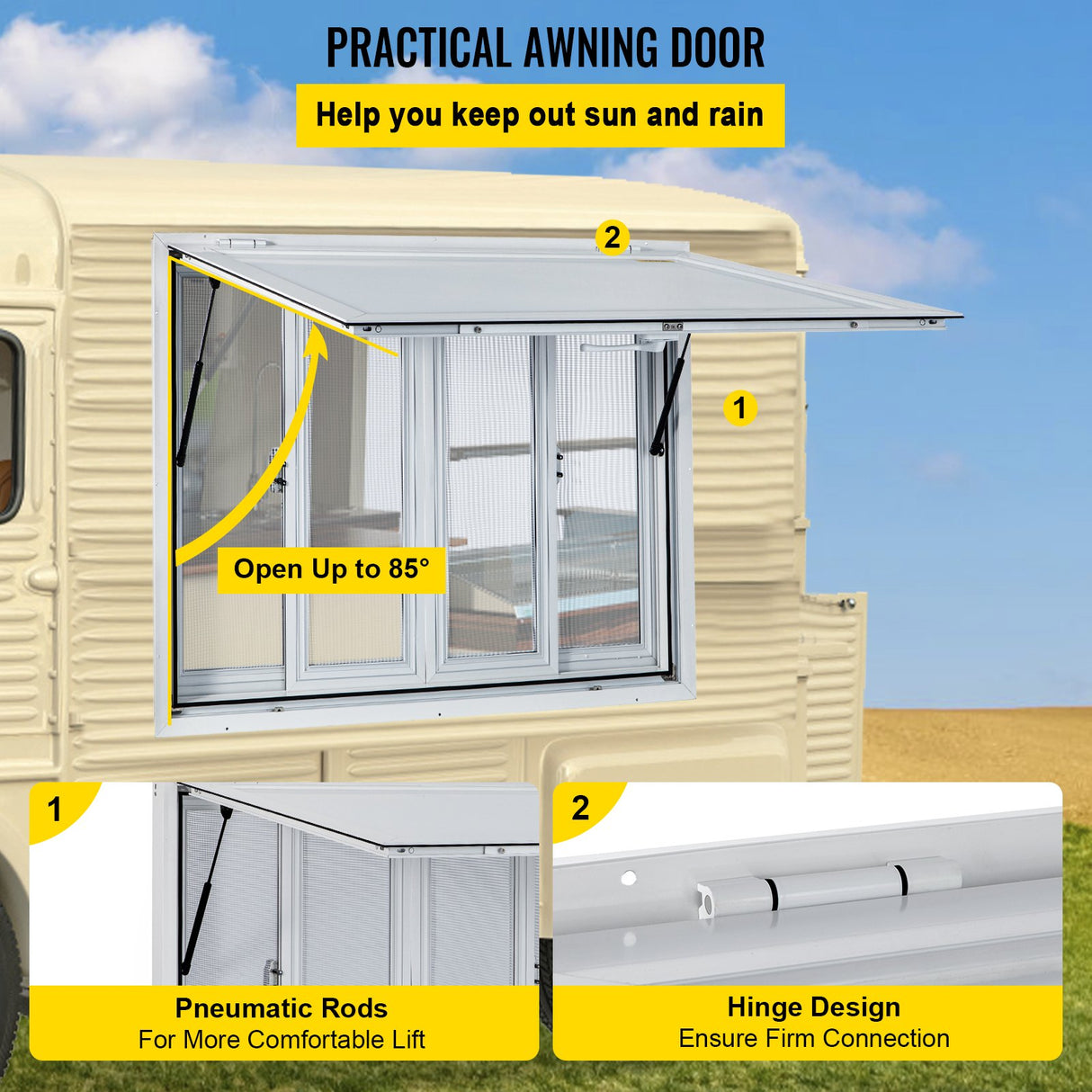 VEVOR Concession Window, 91.4 x 91.4 cm Aluminum Alloy Food Truck Service Window with 4 Horizontal Sliding Screen Windows & Awning Door & Drag Hook,