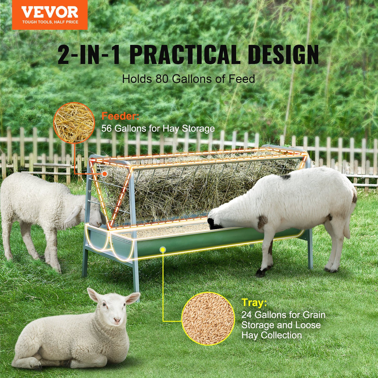 Livestock Hay Feeder, 2 in 1 Grain & Hay Feeder, 80-Gallon Capacity Pasture Feeder, 59" Long Goat Hay Feeder with Deeper Feeding Pan, Heavy Duty Steel Grain & Hay Holder for Sheep Farms Sheds