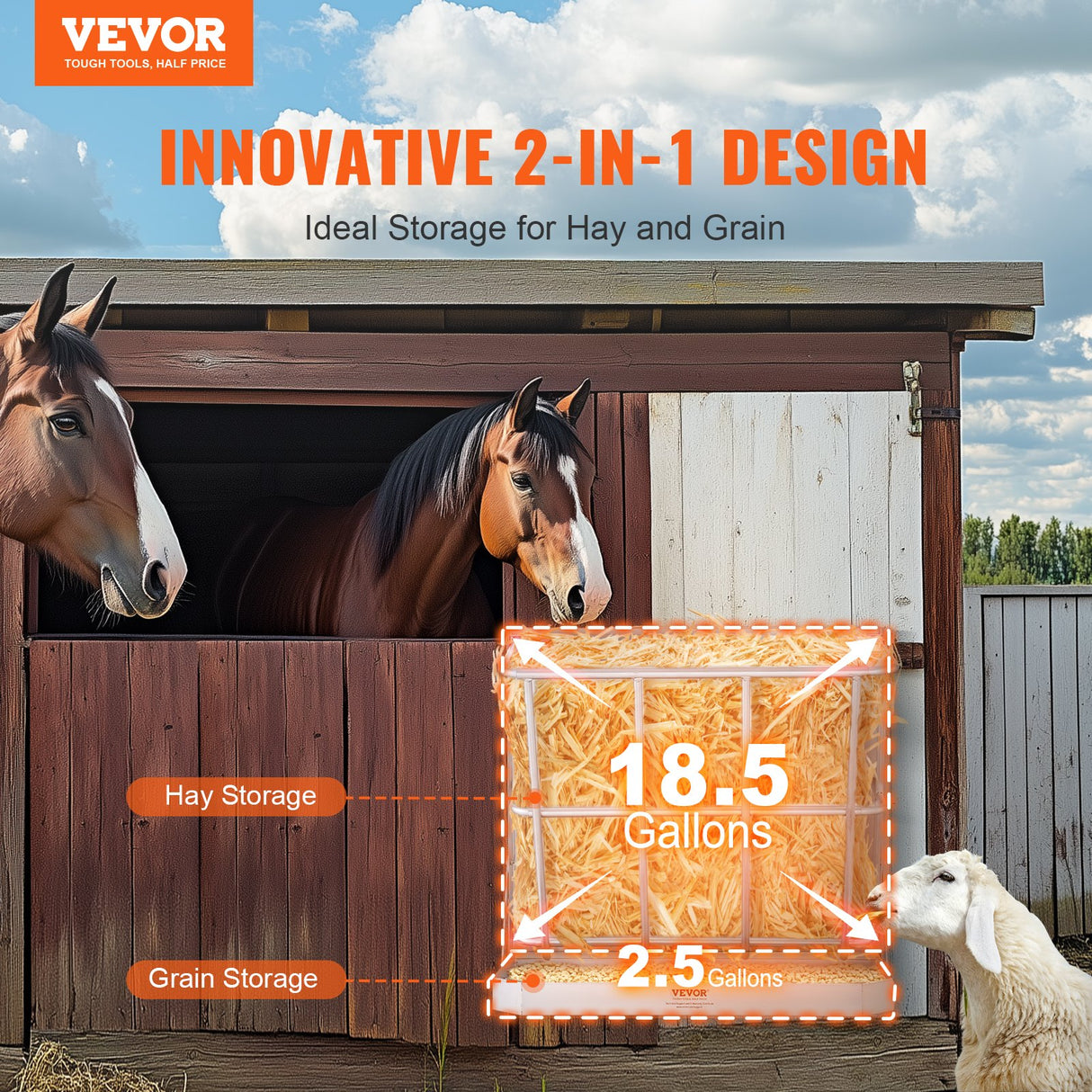 Goat Hay Feeder, 21 Gallons Large Capacity, 2 in 1 Hay and Grain Feeder, Wall Mounted Livestock Feeder with Feed Tray, Multiple Sided Goat Hay Rack, Sturdy Steel Hay Rack for Sheep Horses