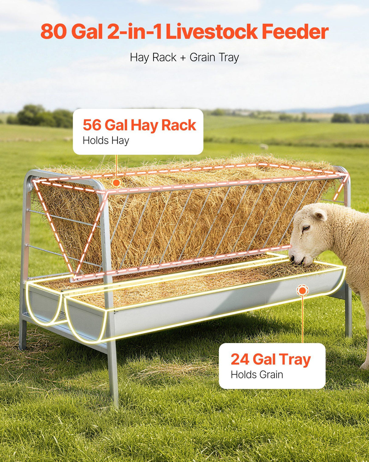 Livestock Hay Feeder, 2 in 1 Grain & Hay Feeder, 300L Capacity, 147 cm Long Goat Pasture Feeding with Deeper Feeding Pan, Heavy Duty Steel Grain Holder for Sheep Sheds, Farms, Horse Barns, Yards