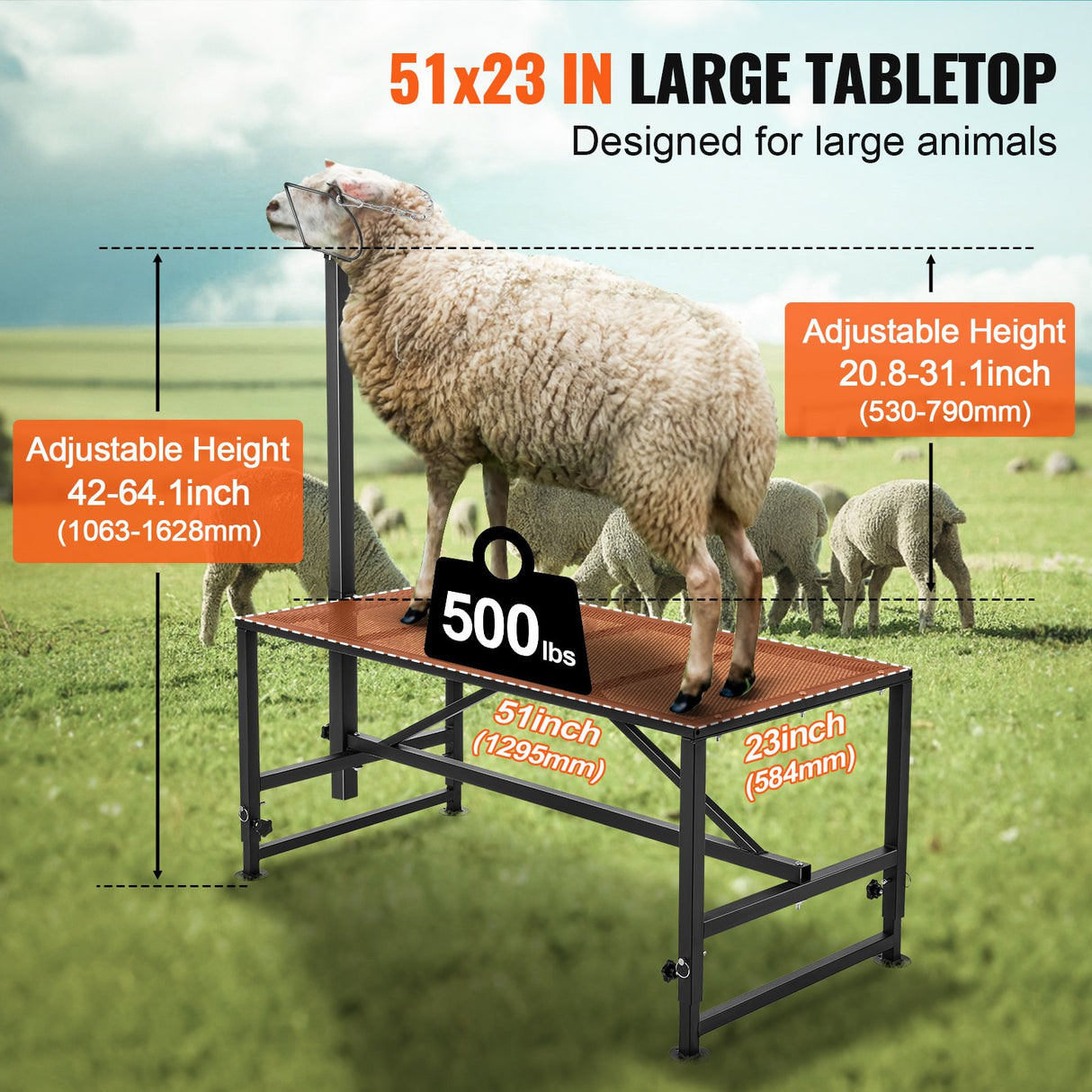 VEVOR Goat & Sheep Stand, 51x23 inch Livestock Stand, Metal Livestock Milking and Shearing Stand 21" to 33" Adjustable Height, with Headpiece and Nose