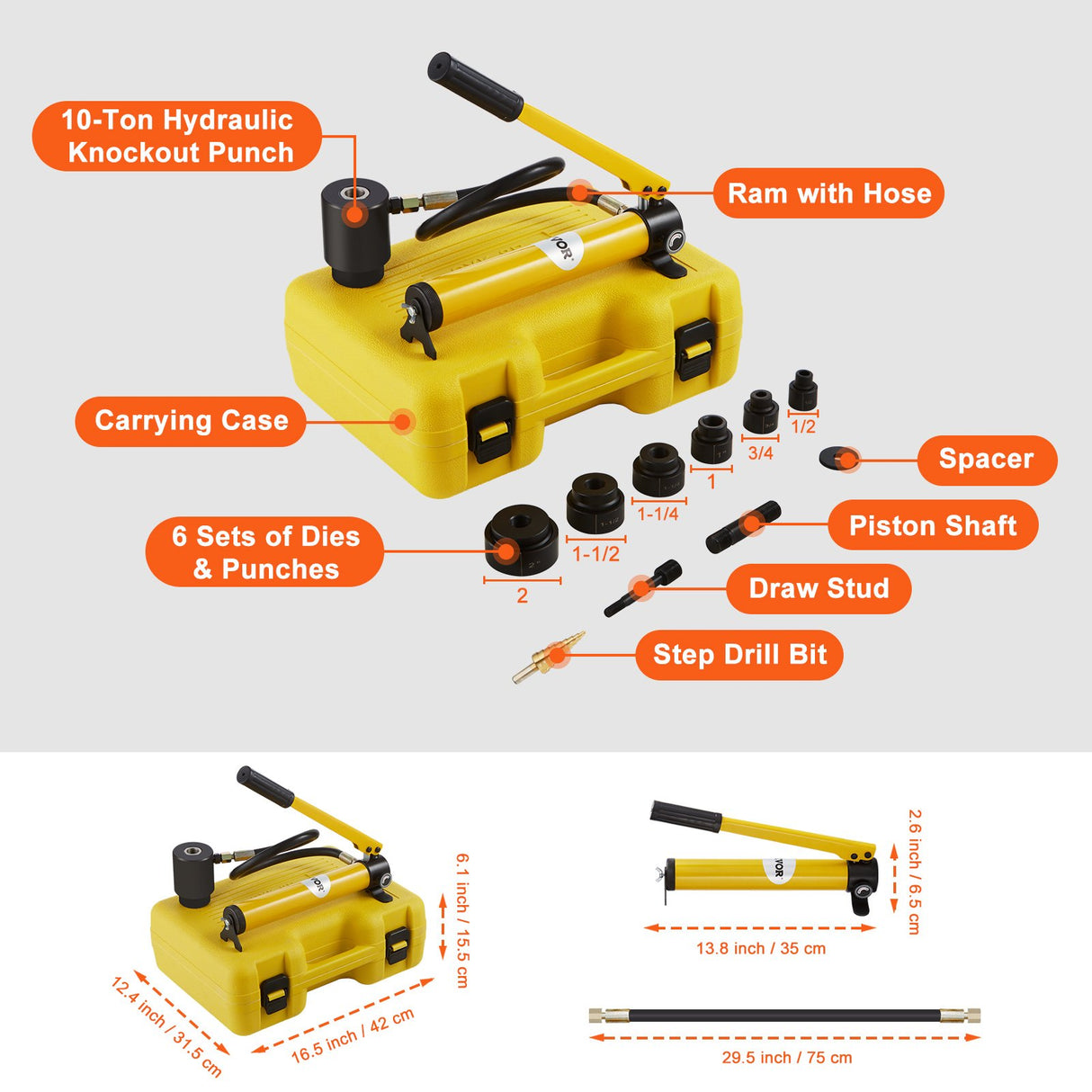 VEVOR 10 Ton Hydraulic Knockout Punch Kit, 1/2" to 2" Conduit Hole Cutter Set, KO Tool Kits with Puncher 6 Piece, Metal Sheet Driver Tools, For Aluminum, Brass, Stainless Steel, Fiberglass and Plastic