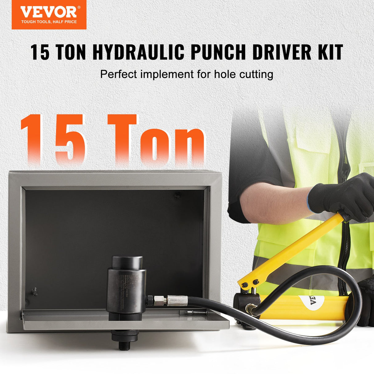 VEVOR 15 Ton Hydraulic Knockout Punch Kit, 1/2" to 4" Conduit Hole Cutter Set, KO Tool Kits with Puncher 10 Piece, Metal Sheet Driver Tools, For Aluminum, Brass, Stainless Steel, Fiberglass and Plasti