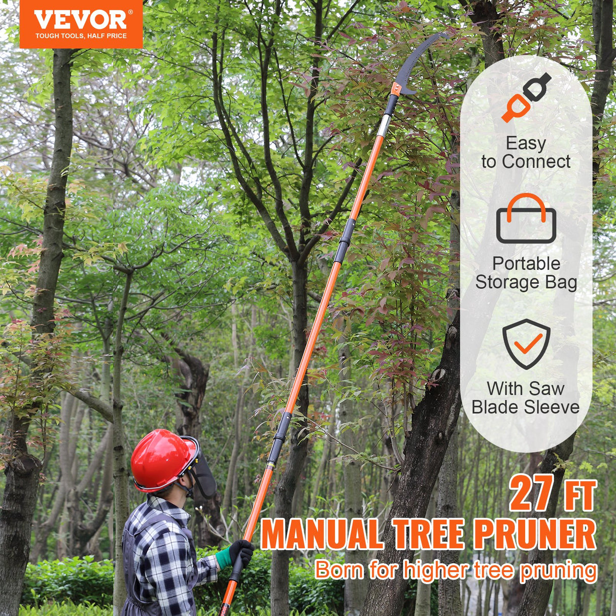 VEVOR Manual Pole Saw, 2.24 m-8.24 m Extendable Tree Pruner, Sharp Steel Blade High Branches Trimming, Manual Branch Trimmer with Lightweight 8 Fiberglass Handles, for Pruning Palms and Shrubs