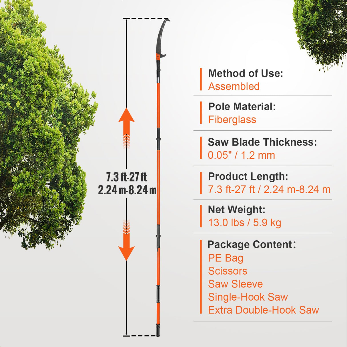 VEVOR Manual Pole Saw, 2.24 m-8.24 m Extendable Tree Pruner, Sharp Steel Blade and Scissors High Branches Trimming, Branch Trimmer with Lightweight 8 Fiberglass Handles, for Pruning Palms and Shrubs