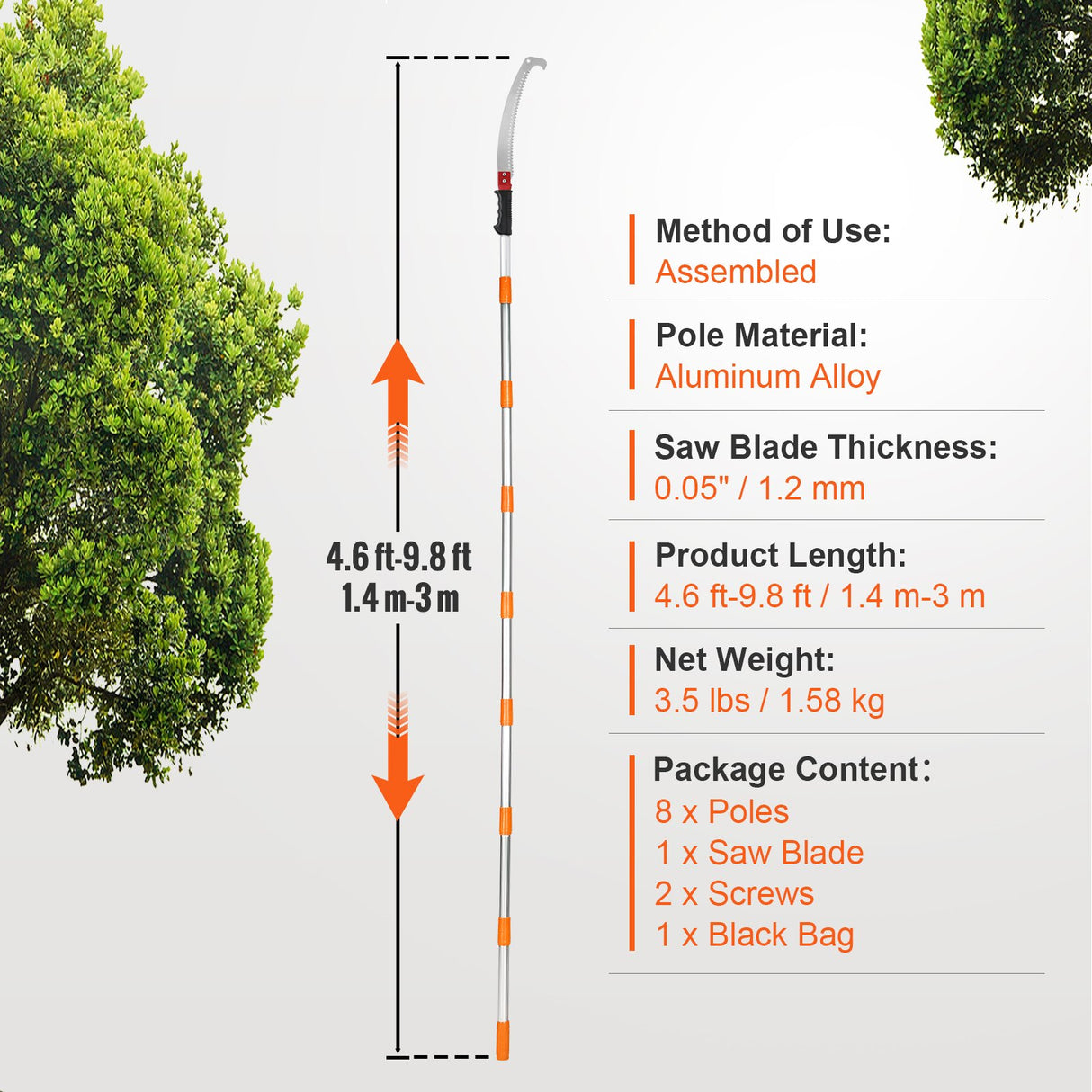 VEVOR Manual Pole Saw Extendable Tree Pruner 1.4 m-3 m Aluminum Alloy Pole