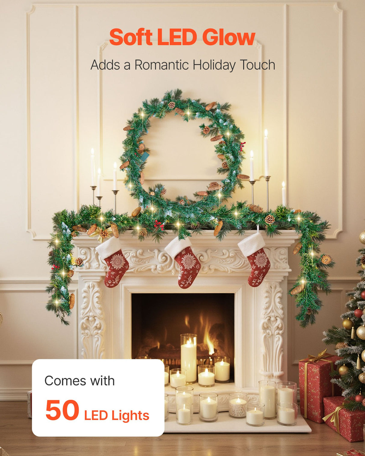 Christmas Garland, 2750mm Artificial Christmas Garland with Light String, Faux Greenery Decoration with Berry Clusters, Pine Needles, Pine Cones, Realistic Xmas Collection for Mantel Fireplace