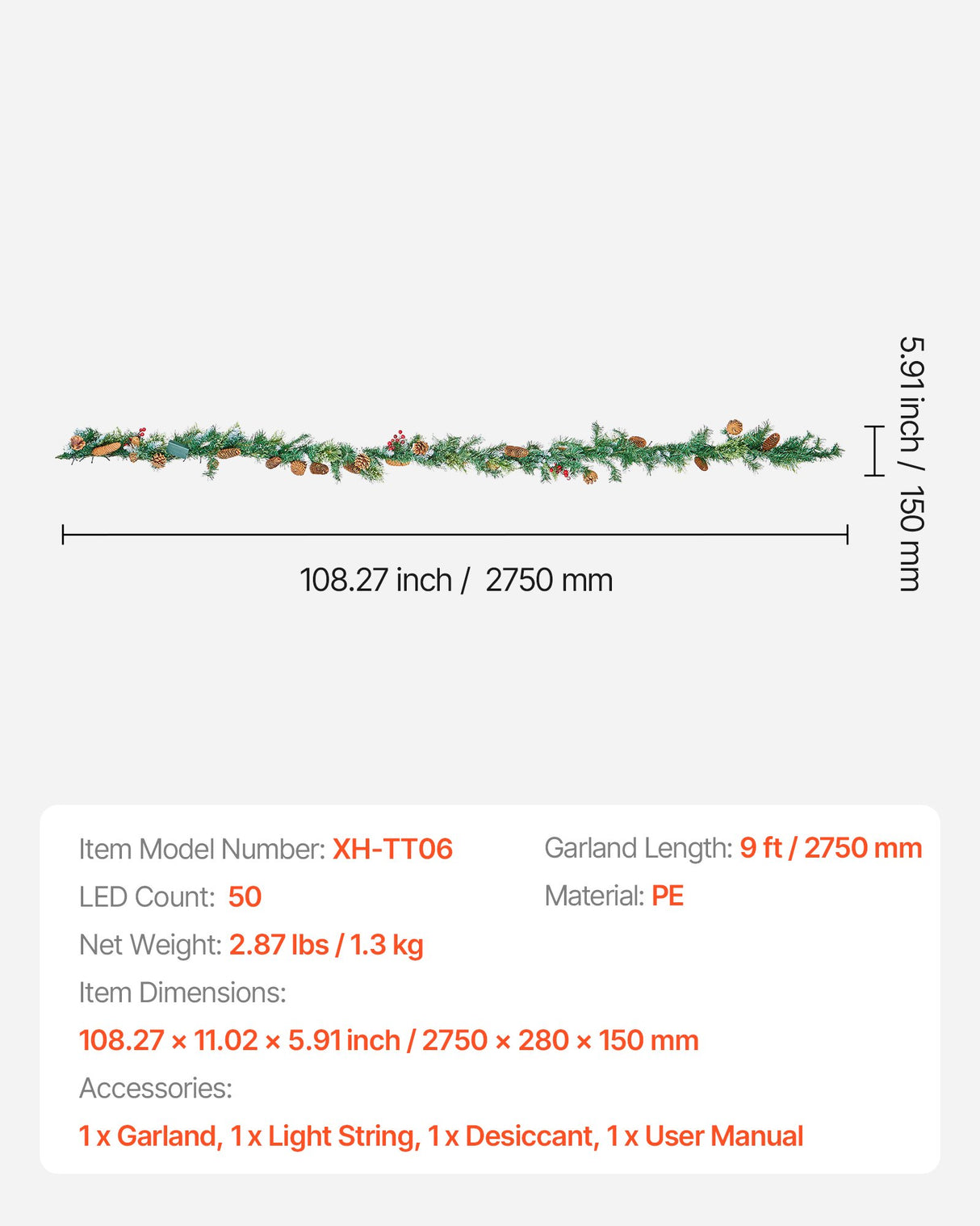 VEVOR Christmas Garland, 2750mm Artificial Christmas Garland with Light String, Faux Greenery Decoration with Berry Clusters, Pine Needles, Pine Cones, Realistic Xmas Collection for Mantel Fireplace