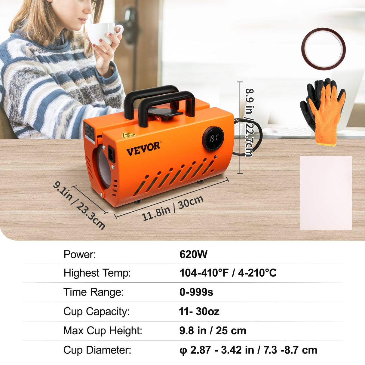 VEVOR Mug Heat Press, 30oz Tumbler Heat Press Machine, Sublimation Transfer 11-15oz 16-25oz 30oz Straight Skinny Tumblers, Cup Heat Press with Heat-resist Gloves & Tape, DIY Ceramic Mugs Cups Glasses